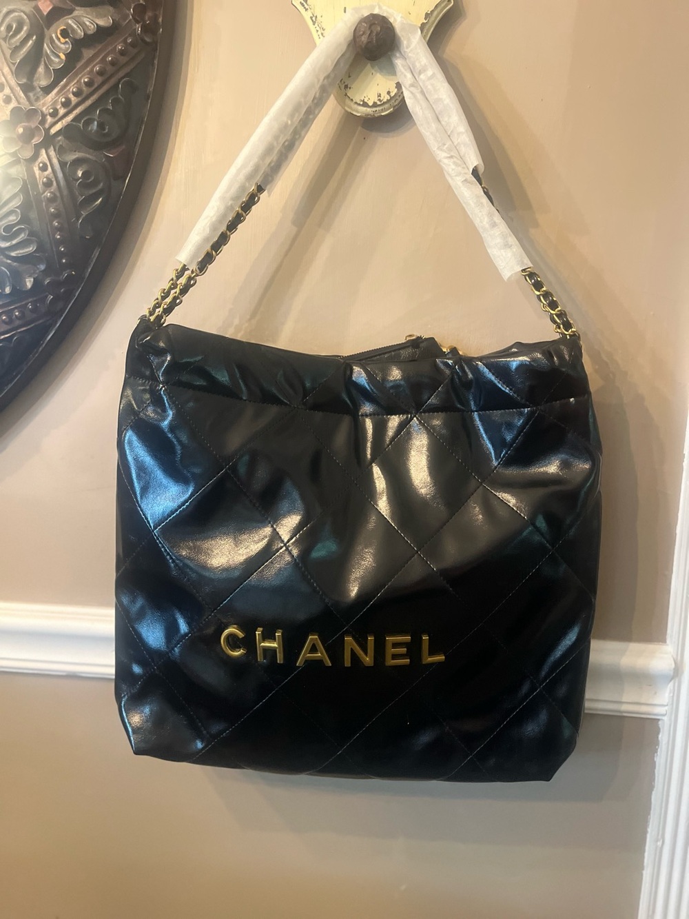 BIG CHANEL style Black Quilted Leather Shoulder Bag with Gold Lettering